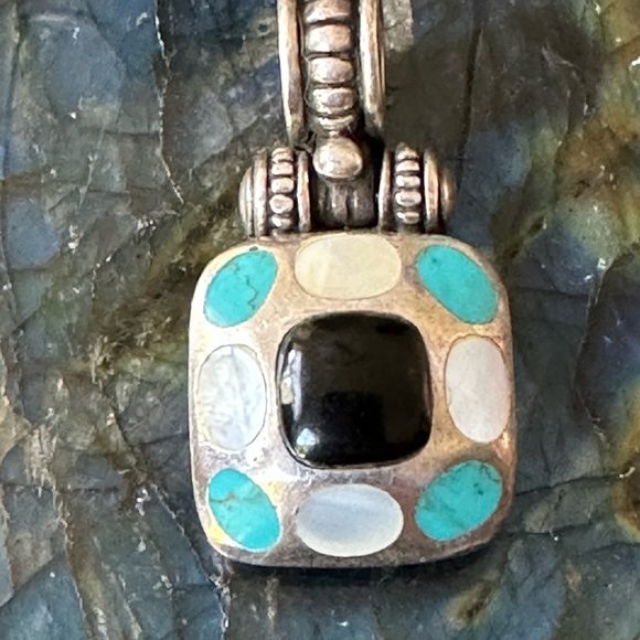 Vintage onyx turquoise mother of pearl sterling silver  pendant - Picture 8 of 9